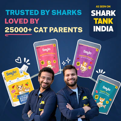 Two men standing next to Smilo pet product packages with text about Shark Tank India and customer love.