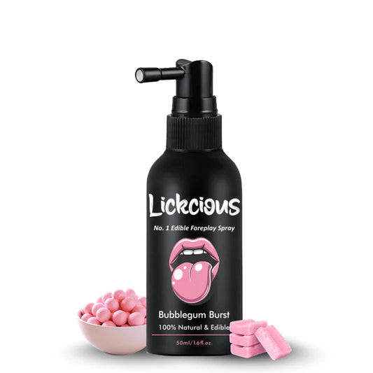 Lickcious Bubblegum Burst edibles spray bottle with pink candies on a white background
